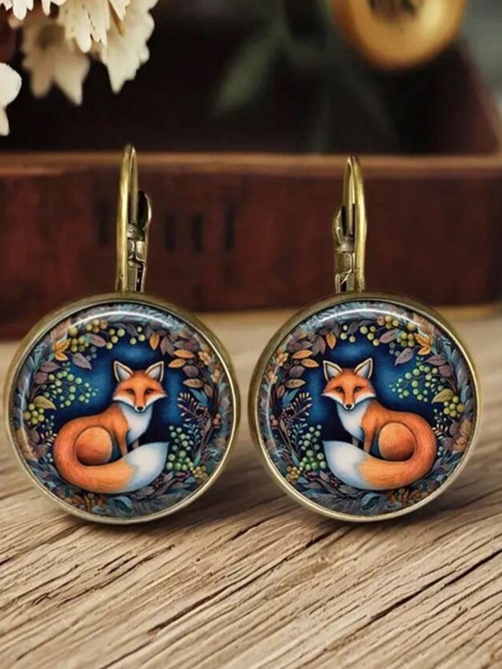 Fashion Jewelry Jewelry - Orange and Blue Bass tone Fox Dangle Earrings